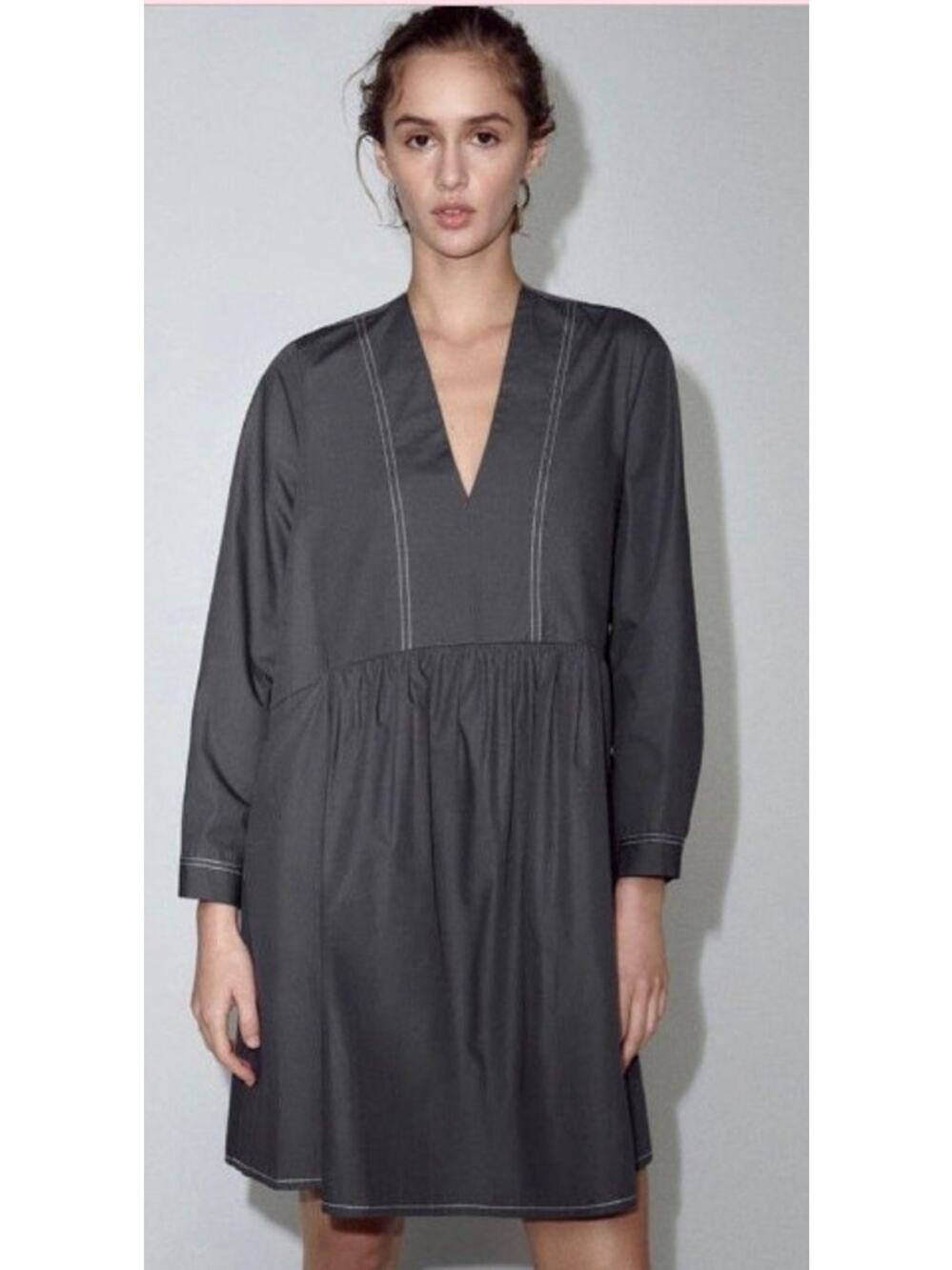 Zara NWT Gray The Dory Cotton Pockets Long Sleeve Mini Dress Size M